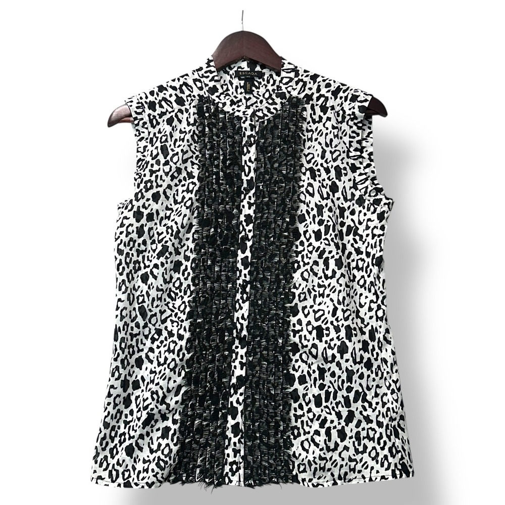 Escada Women Nidra Leopard Print Ruffle Front Sleeveless Button Blouse Top Sz XS